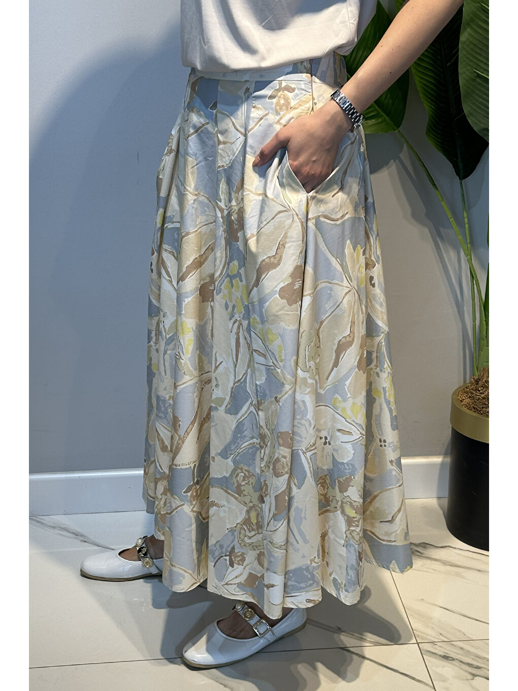 Desenli Poplin Etek 18116 Bej-2