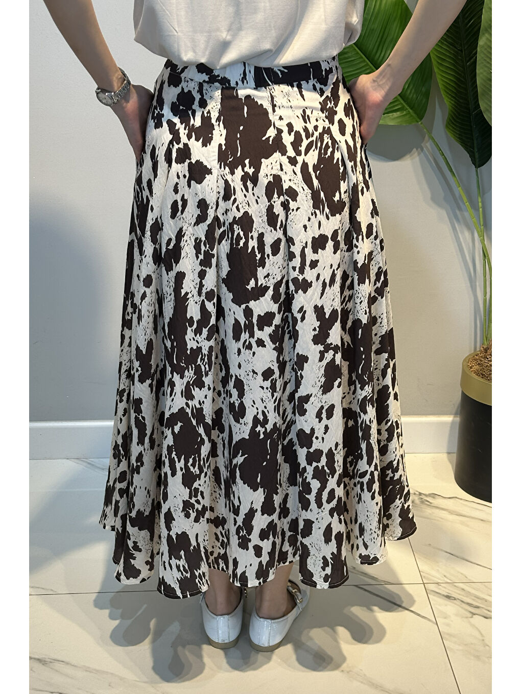 Desenli Poplin Etek 18116 Kahverengi-3