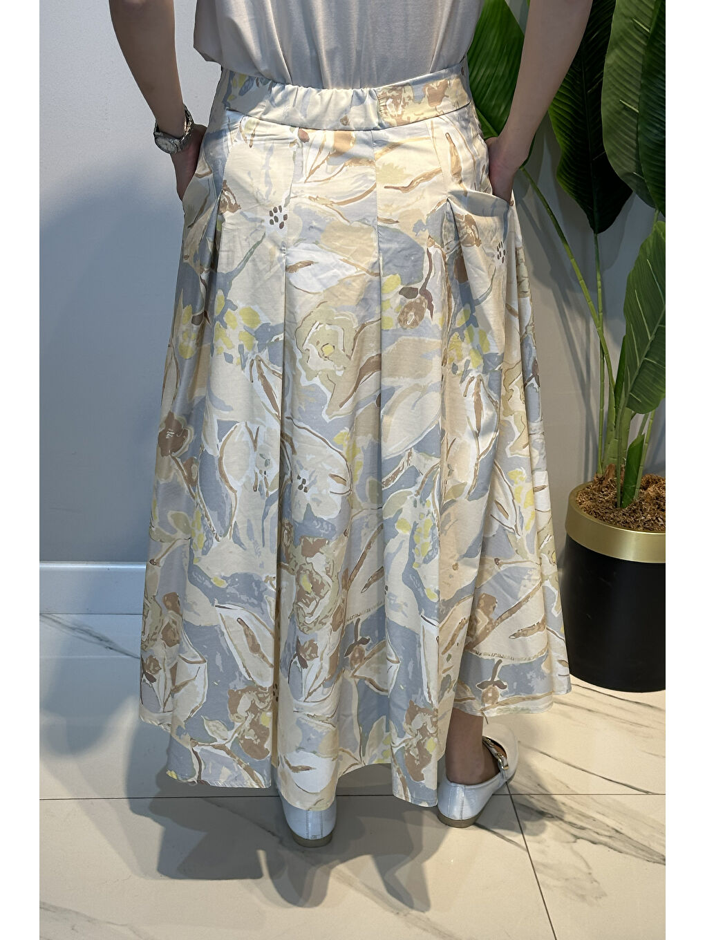 Desenli Poplin Etek 18116 Bej-3