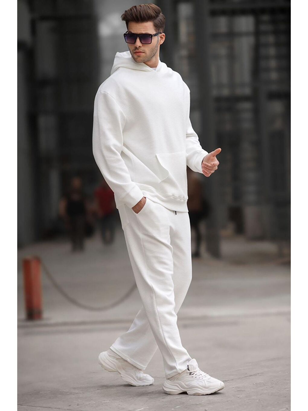 Ekru Kapüşonlu Düz Paça Erkek Eşofman Takımı 5934-1