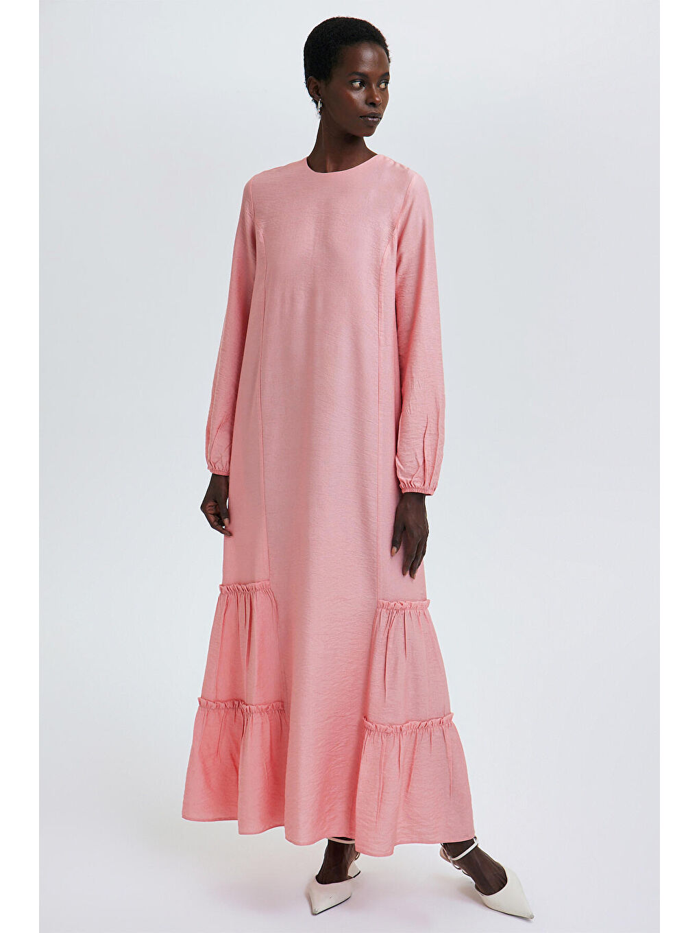 Pembe Etek Ucu Büzgülü Keten Dokulu Elbise-1