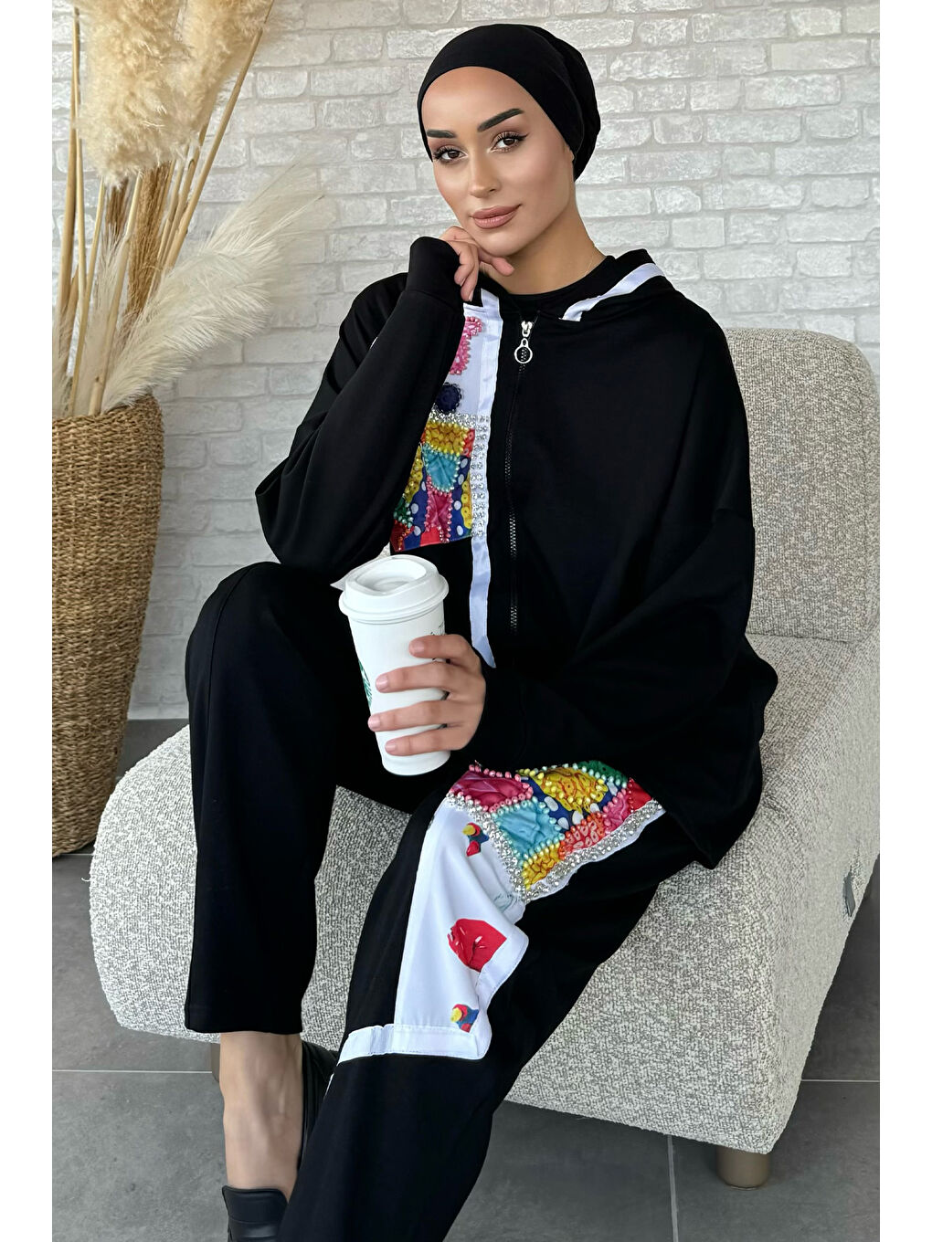 Siyah Kadın Taş İşlemeli Kapüşonlu Tesettür İkili Takım-2