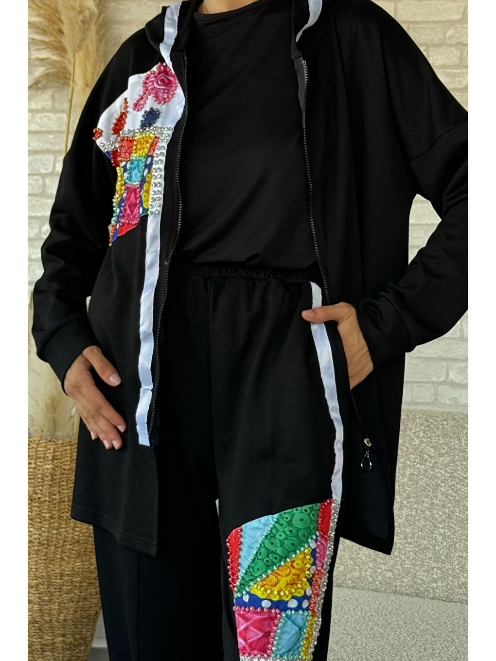 Siyah Kadın Taş İşlemeli Kapüşonlu Tesettür İkili Takım-7