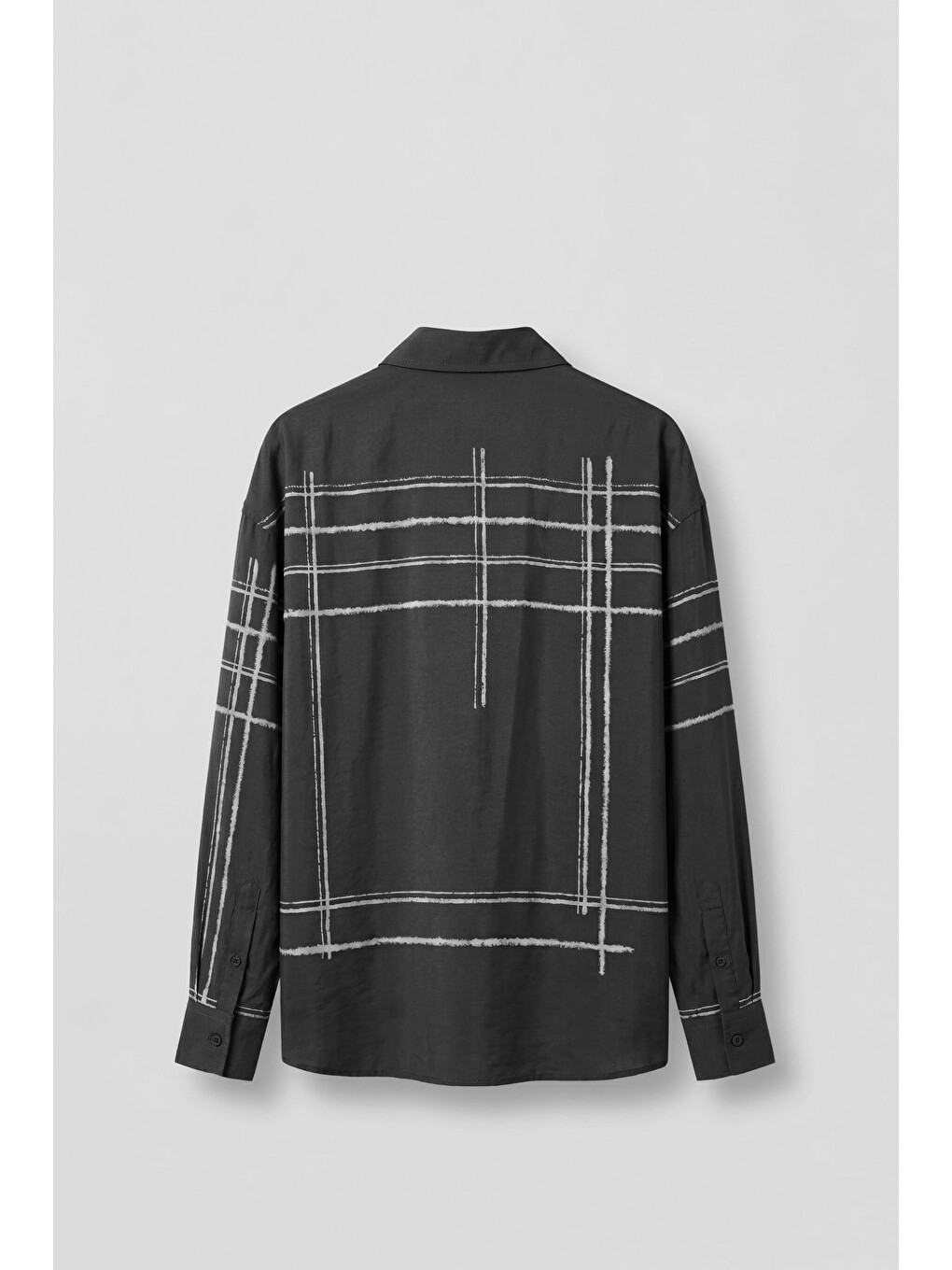 Erkek Oversize Flok Çizgili Uzun Kollu Lyocell Gömlek Siyah-1