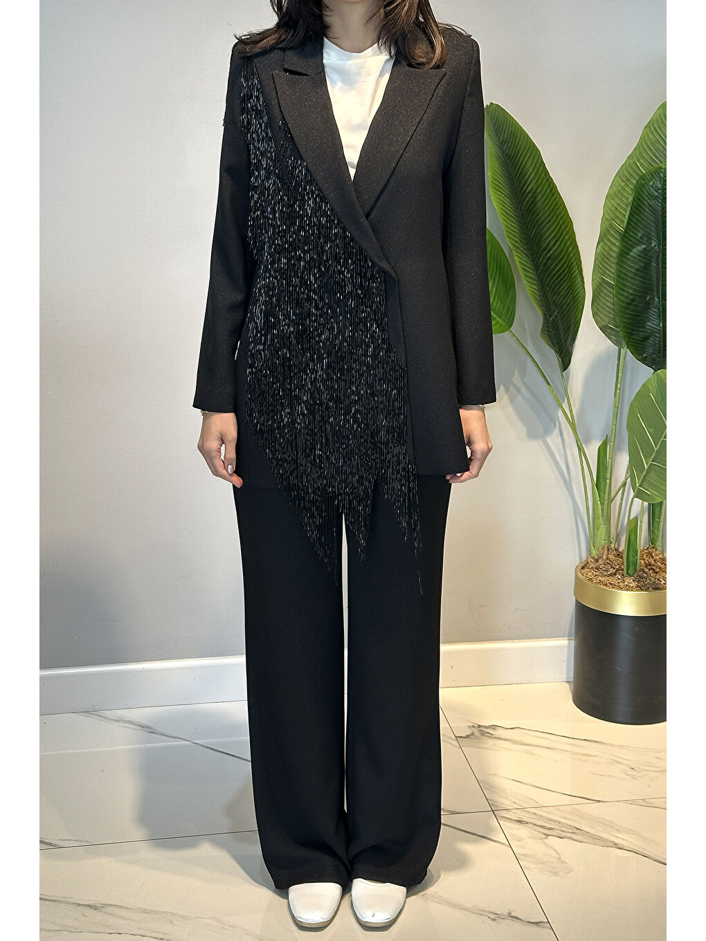 Boncuk Püsküllü Ecxlusive Pantolonlu Takım 15268 Siyah-1