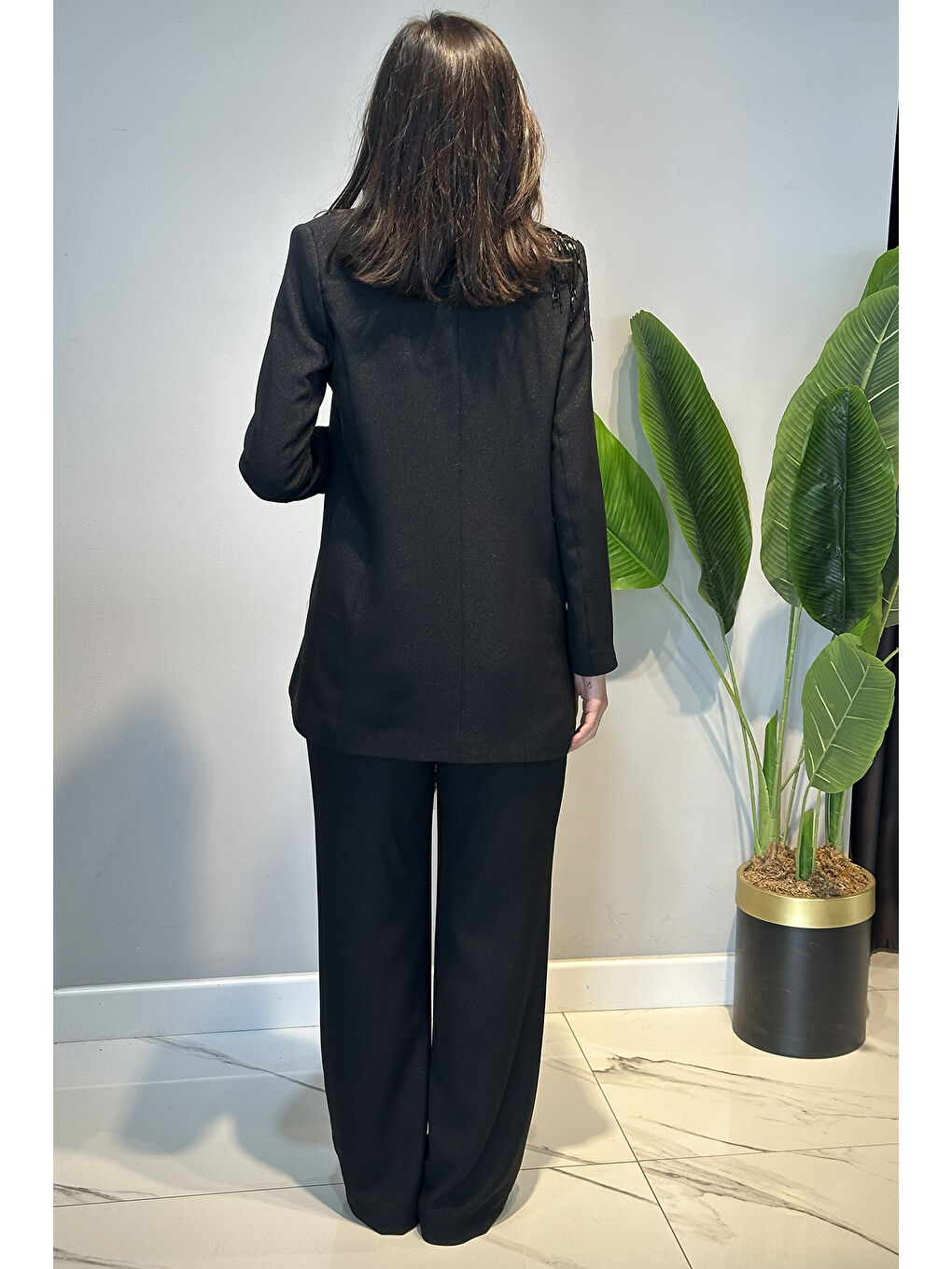 Boncuk Püsküllü Ecxlusive Pantolonlu Takım 15268 Siyah-3