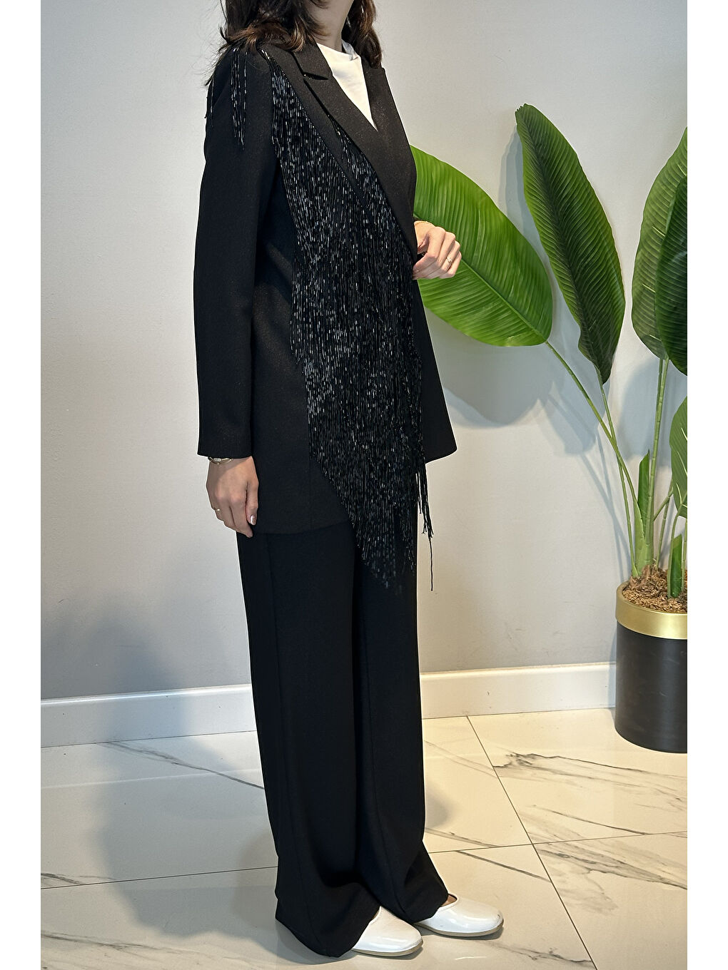 Boncuk Püsküllü Ecxlusive Pantolonlu Takım 15268 Siyah-4