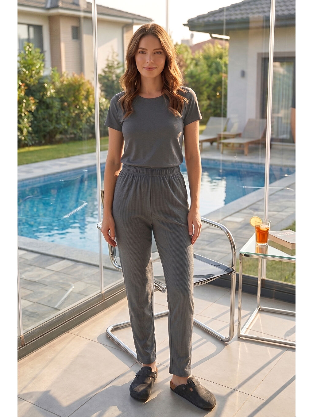 Kadın Penye Kumaş Pamuklu Tek Pijama Alt 02 Antrasit-3