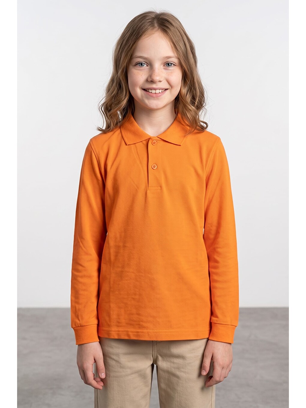 Turuncu Basic Polo Yaka Uzun Kollu Unisex Çocuk Tişört-2