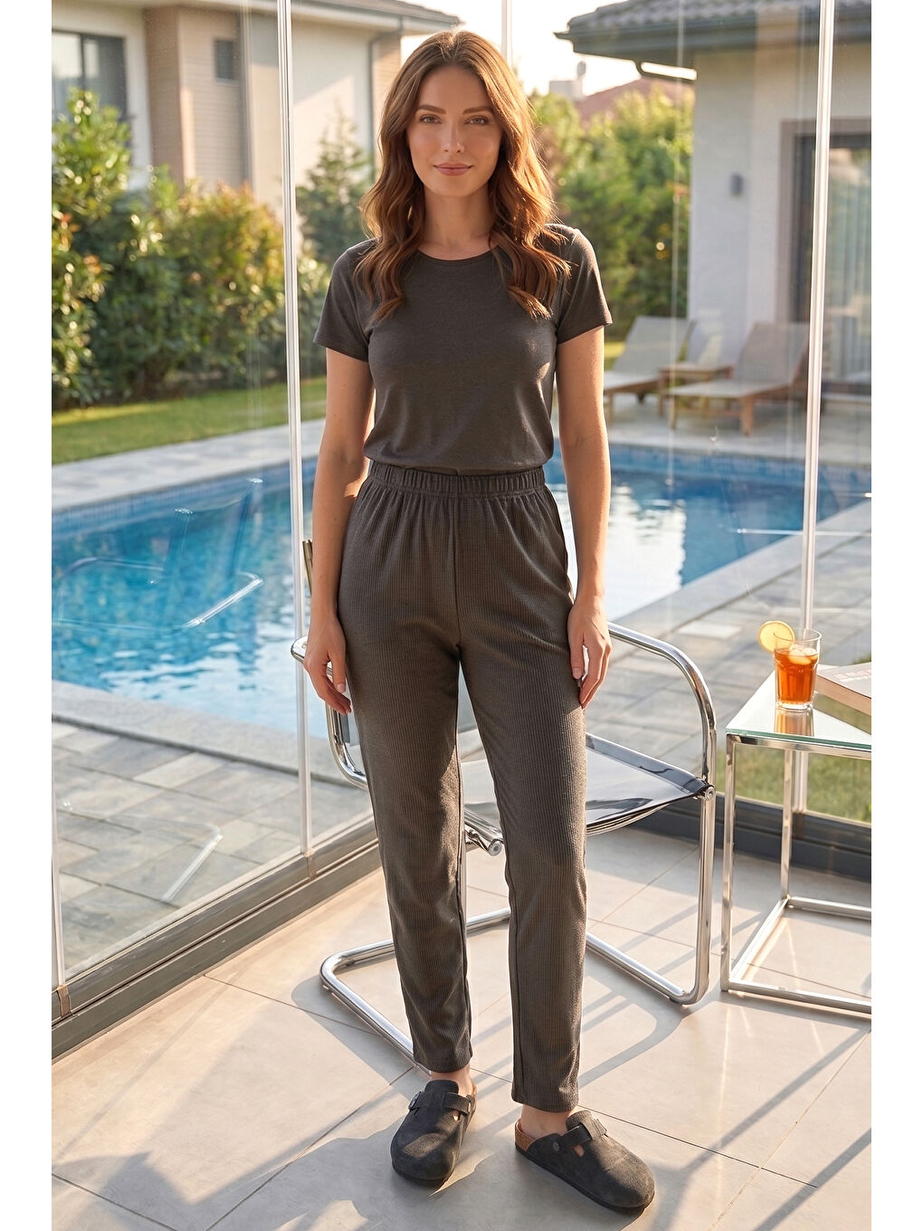 Kahverengi Kadın Penye Kumaş Pamuklu Tek Pijama Alt 04 Koyu Vizon