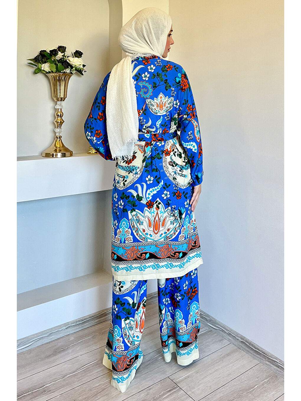 Julude Mavi Desenli Tesettür Viskon Kimono İkili Takım - 7