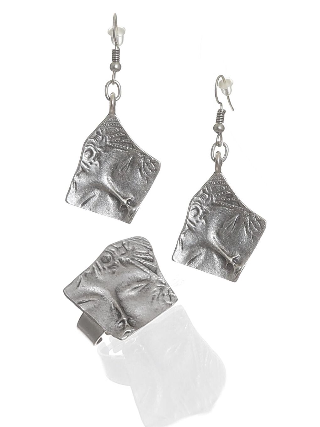 Gri Kadın Antik Gümüş Kaplama Sallantılı Model Uyuyan Güzel Küpe &Yüzük Set