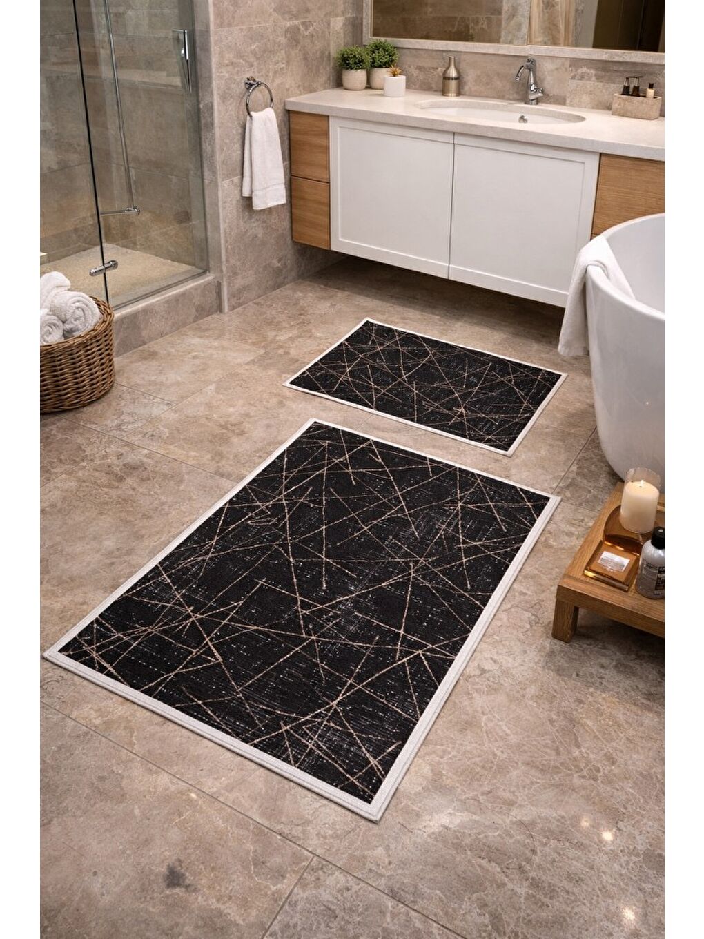 Siyah Modern Çizgili Çerçeve Banyo Paspası Kaydırmaz Tabanlı Yumuşak 2’li Set