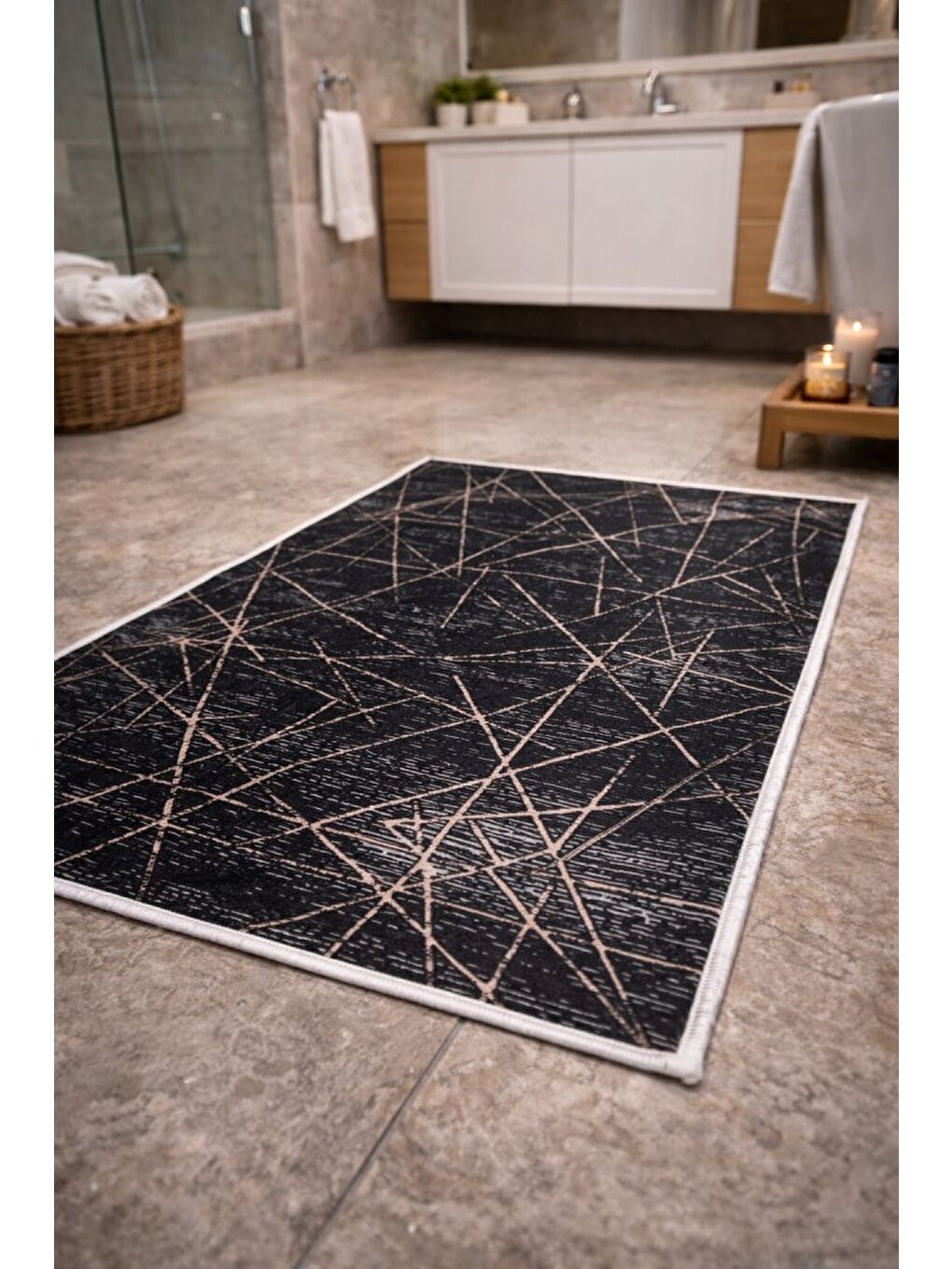 Siyah Modern Çizgili Çerçeve Banyo Paspası Kaydırmaz Tabanlı Yumuşak 2’li Set-1