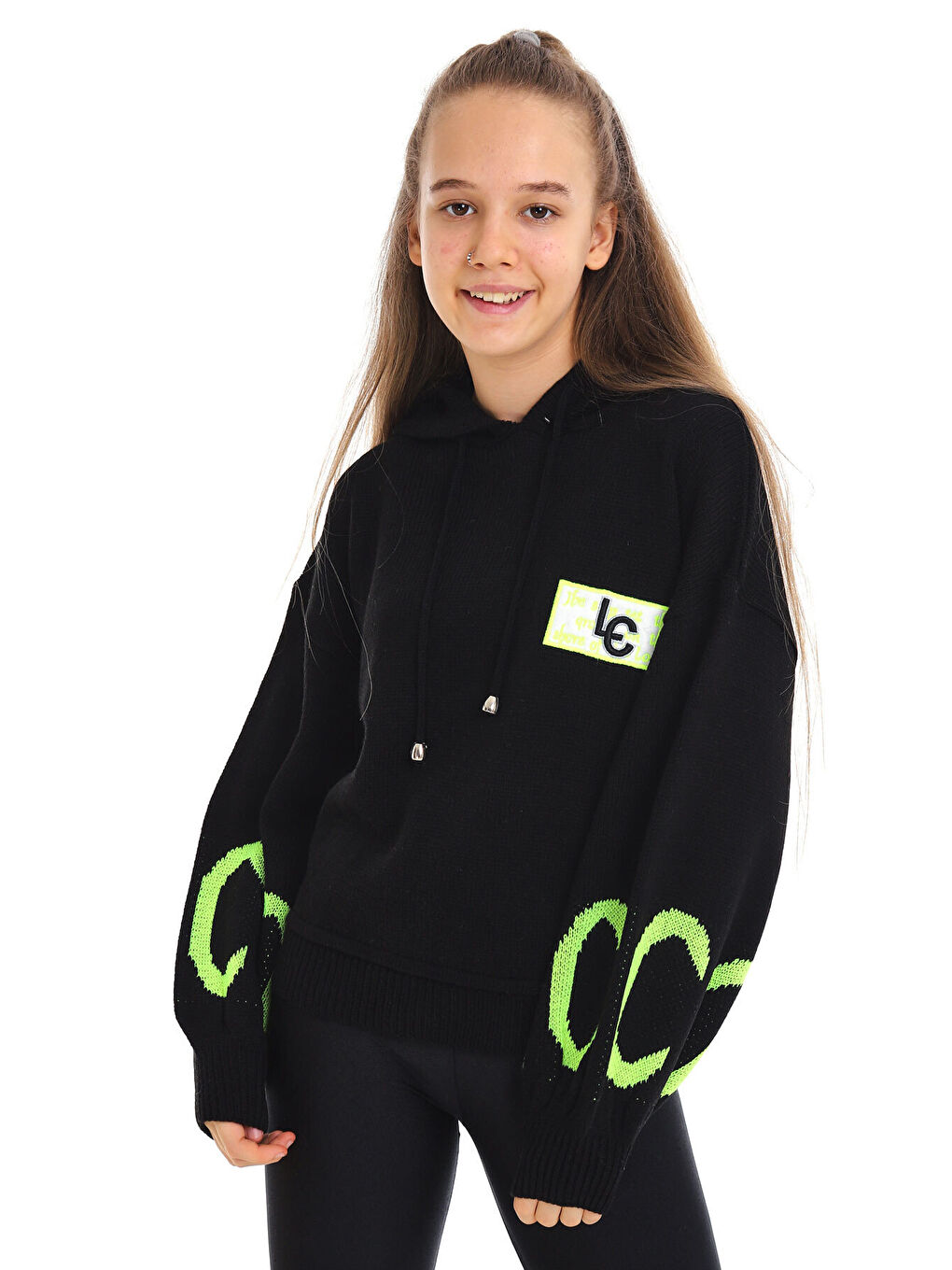 Siyah Kız Çocuk Yazı Nakışlı Yün Örme Triko Sweatshirt 14186