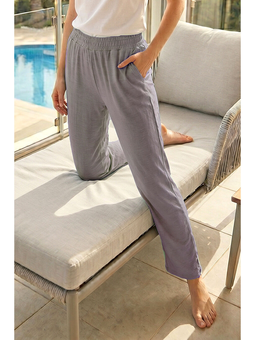 Bej Kadın Penye Kumaş Pamuklu Tek Pijama Alt 05 Vizon