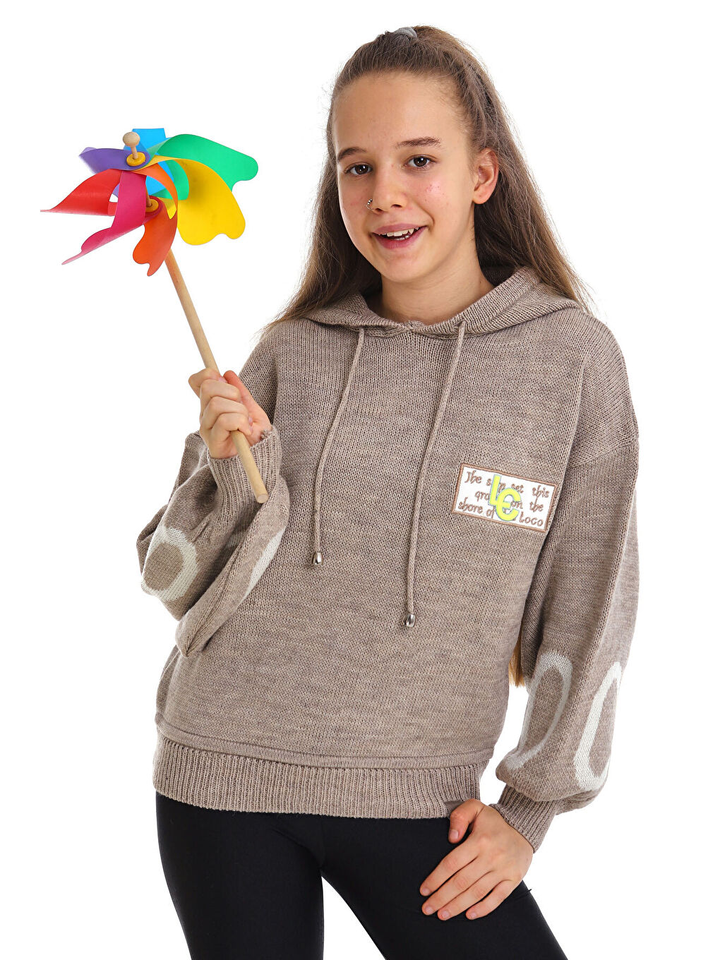 Kahverengi Kız Çocuk Yazı Nakışlı Yün Örme Triko Sweatshirt 14186-1