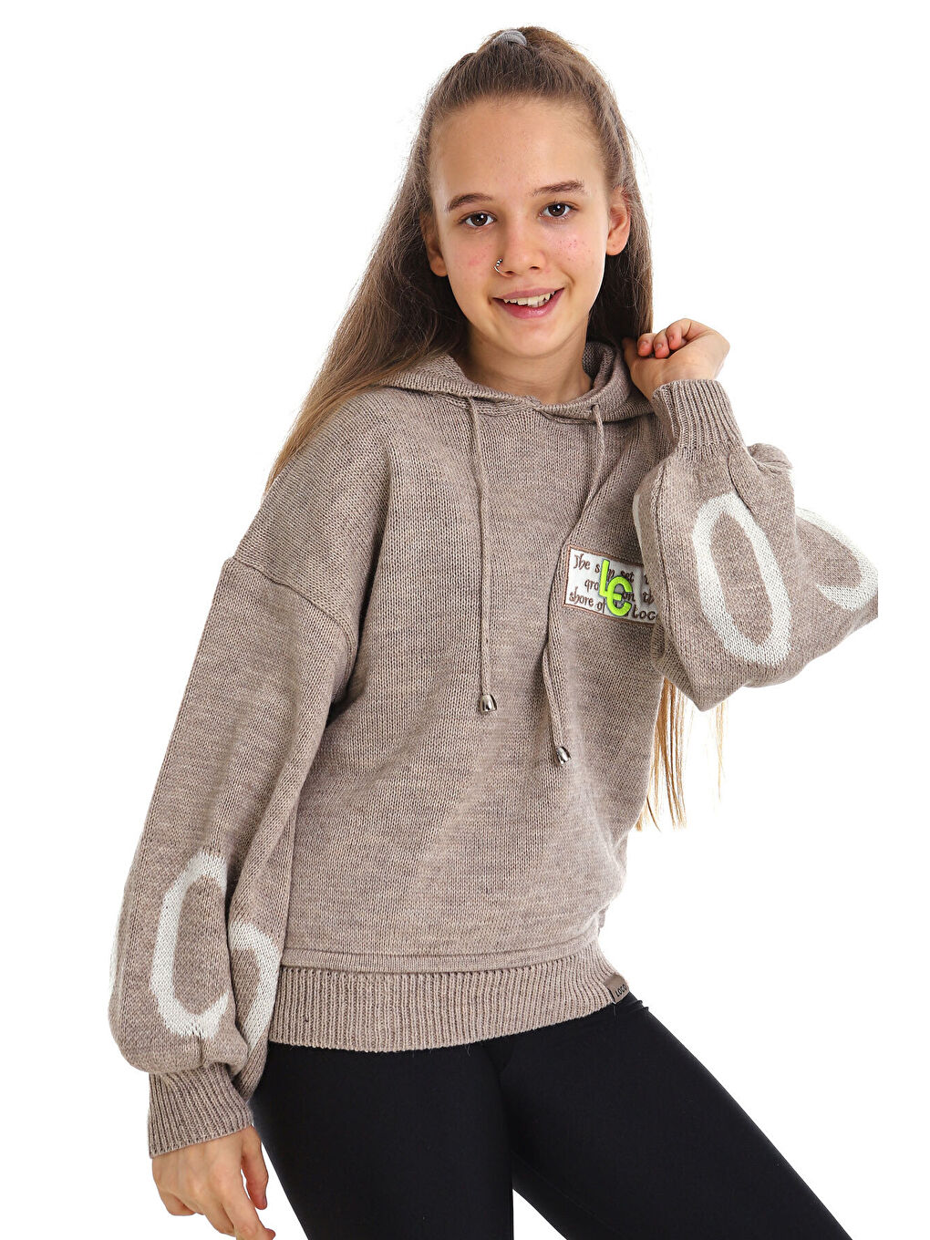 Kahverengi Kız Çocuk Yazı Nakışlı Yün Örme Triko Sweatshirt 14186-2