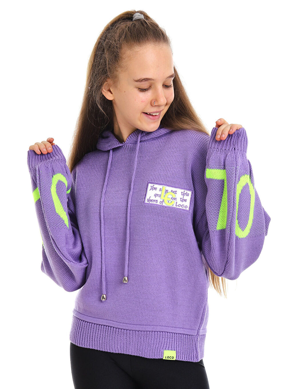 Mor Kız Çocuk Yazı Nakışlı Yün Örme Triko Sweatshirt 14186