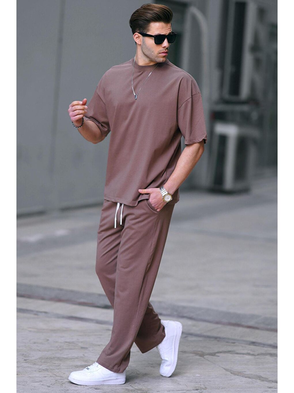 Kahverengi Erkek %100 Pamuk Eşofman Takımı 5938-1