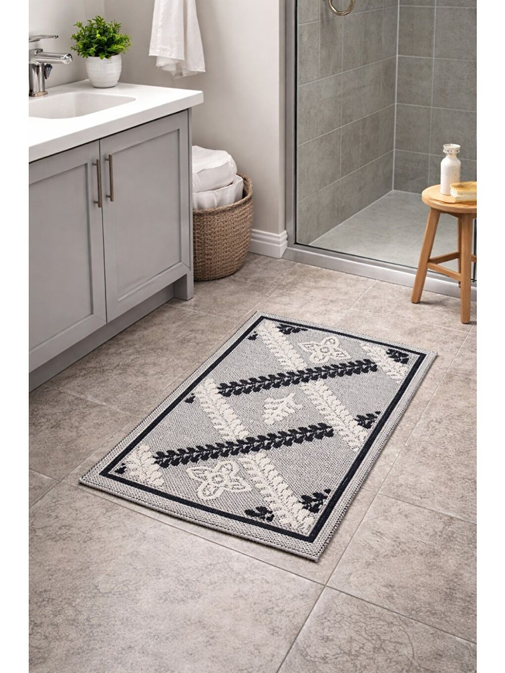 Siyah Modern Dokuma Desenli Kaymaz Taban Banyo Paspası 50x80 cm