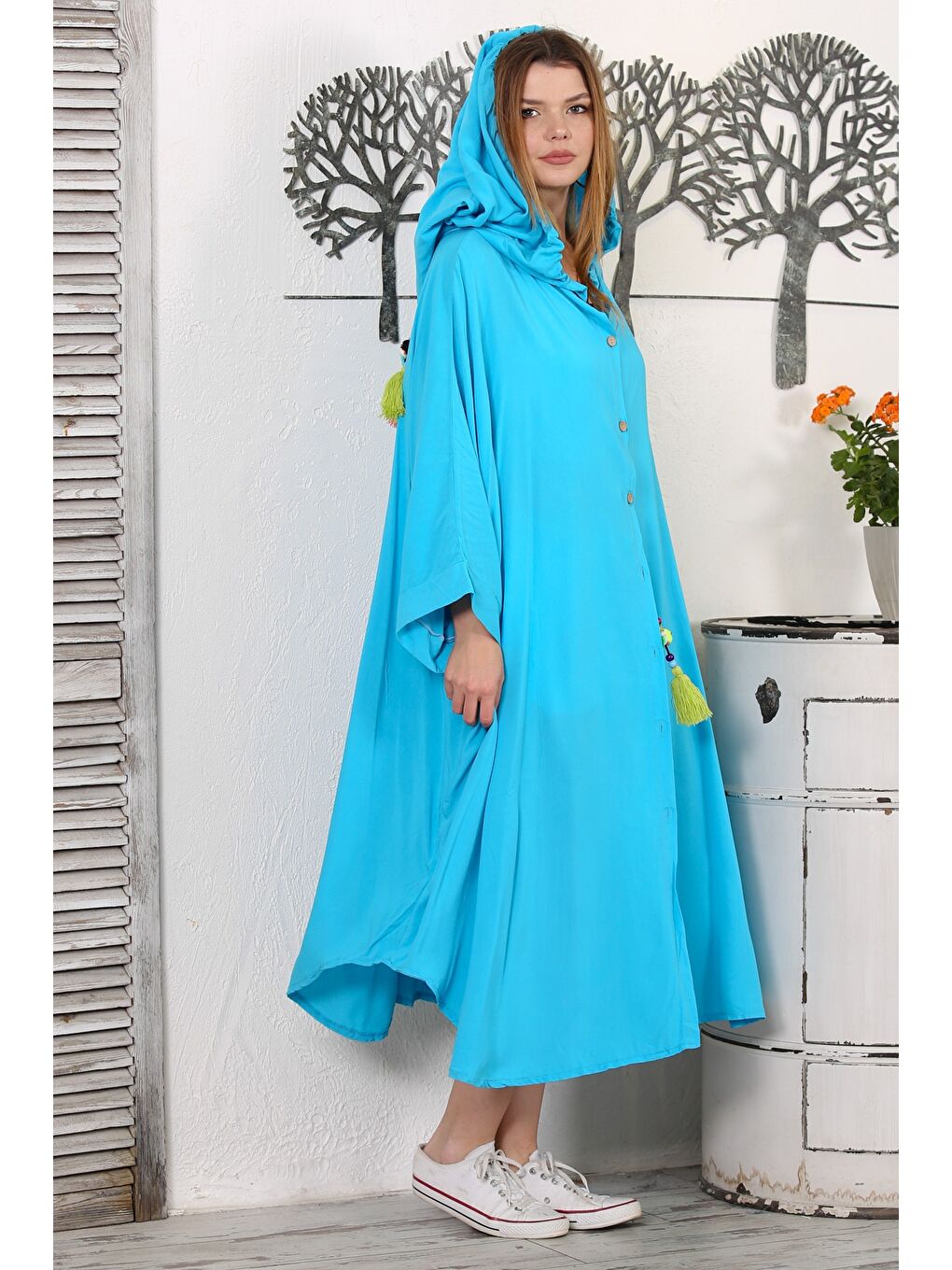 İtalyan Açık Turkuaz Kimono Yaka Yarasa Kol Düğmeli Kapüşonlu Püsküllü Dokuma Casual Kimono Ceket-5