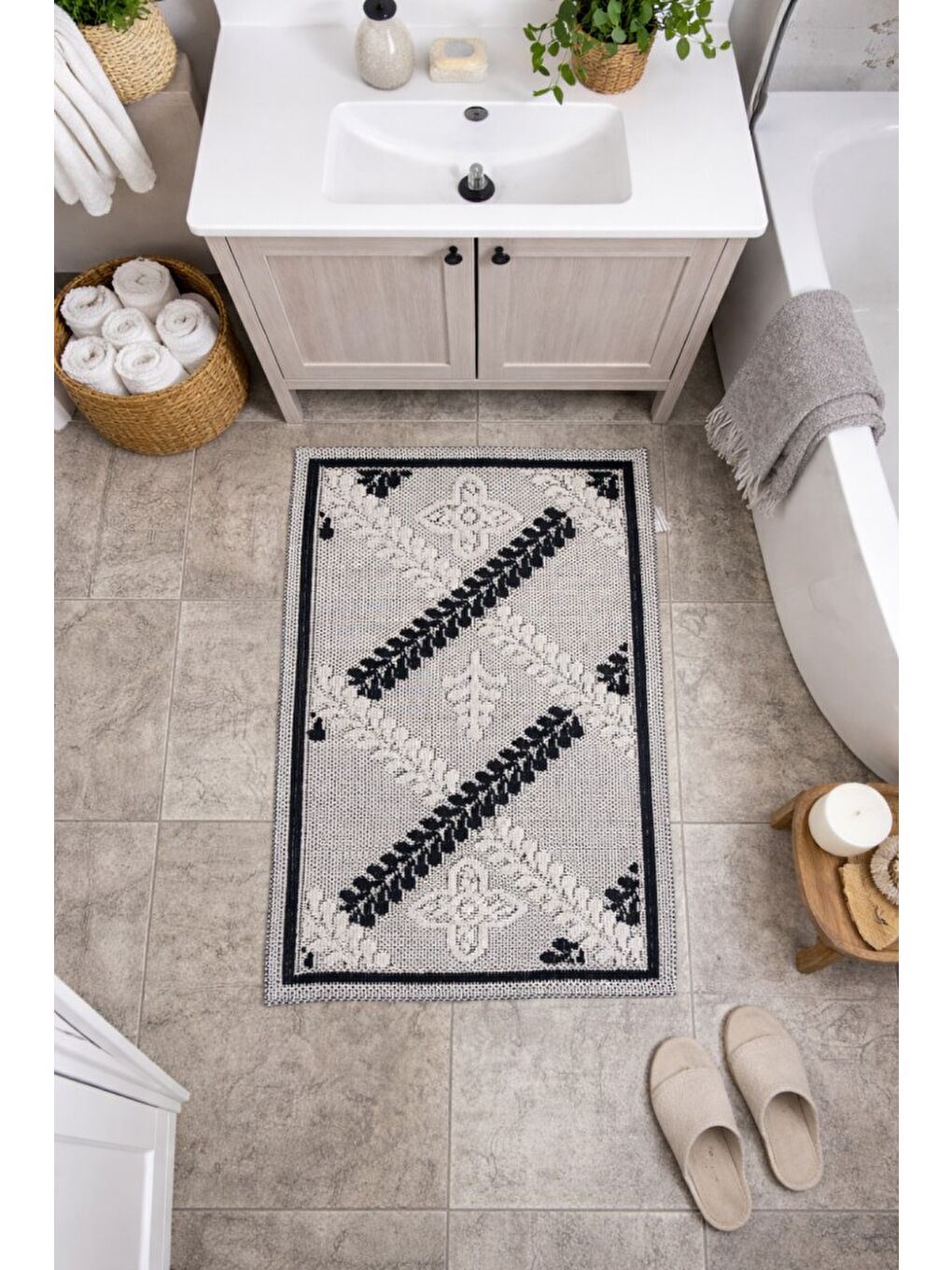 Siyah Modern Dokuma Desenli Kaymaz Taban Banyo Paspası 50x80 cm-1