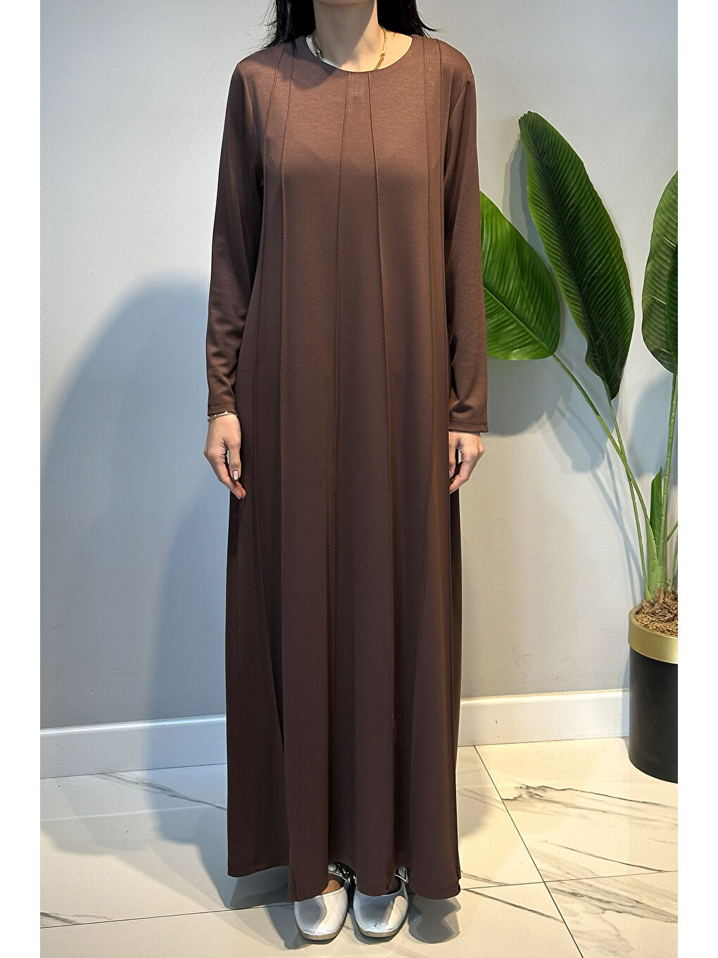 Penye Nervür Detaylı Elbise 13286 Kahverengi-1