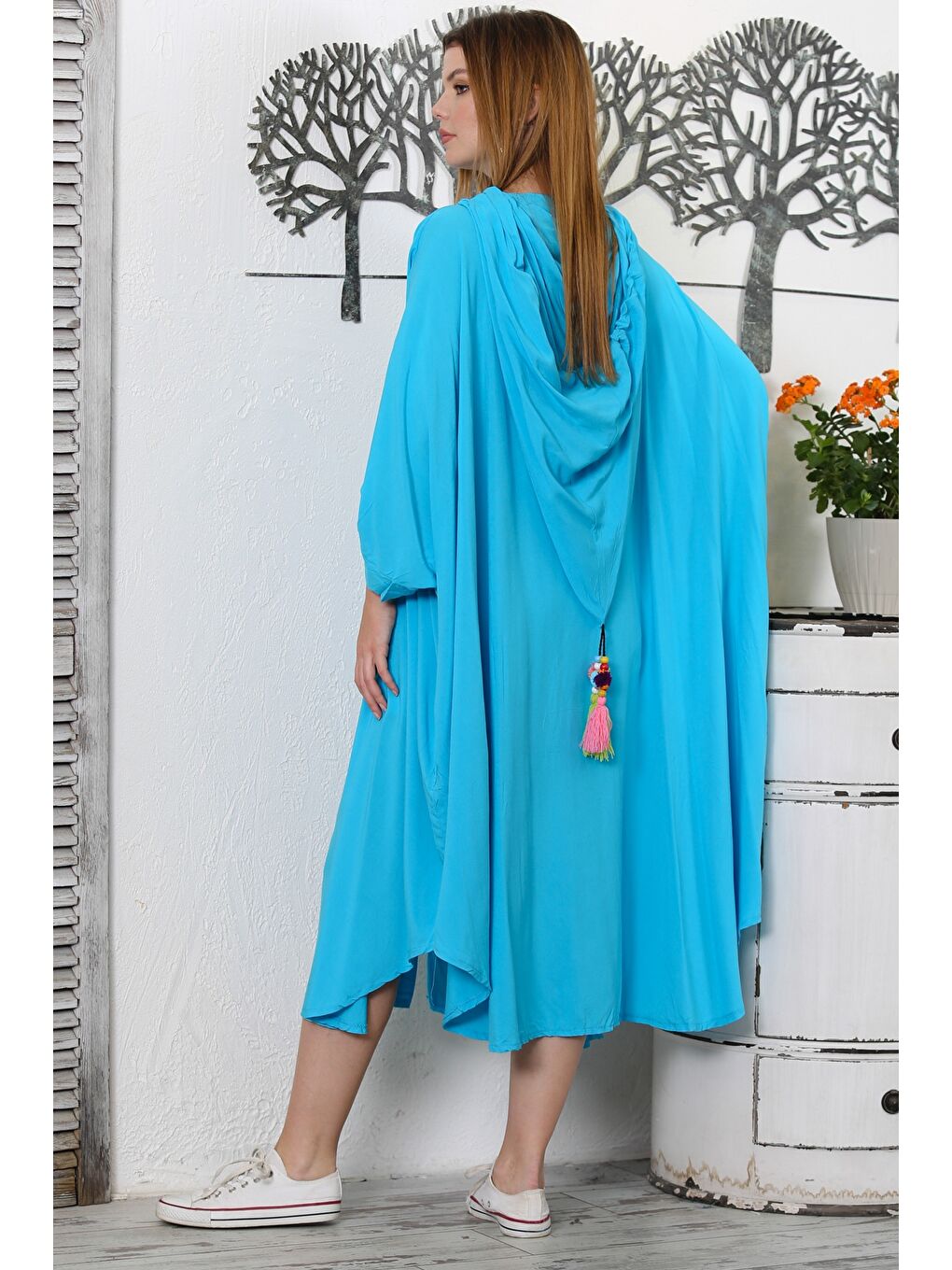 İtalyan Açık Turkuaz Kimono Yaka Yarasa Kol Düğmeli Kapüşonlu Püsküllü Dokuma Casual Kimono Ceket-7