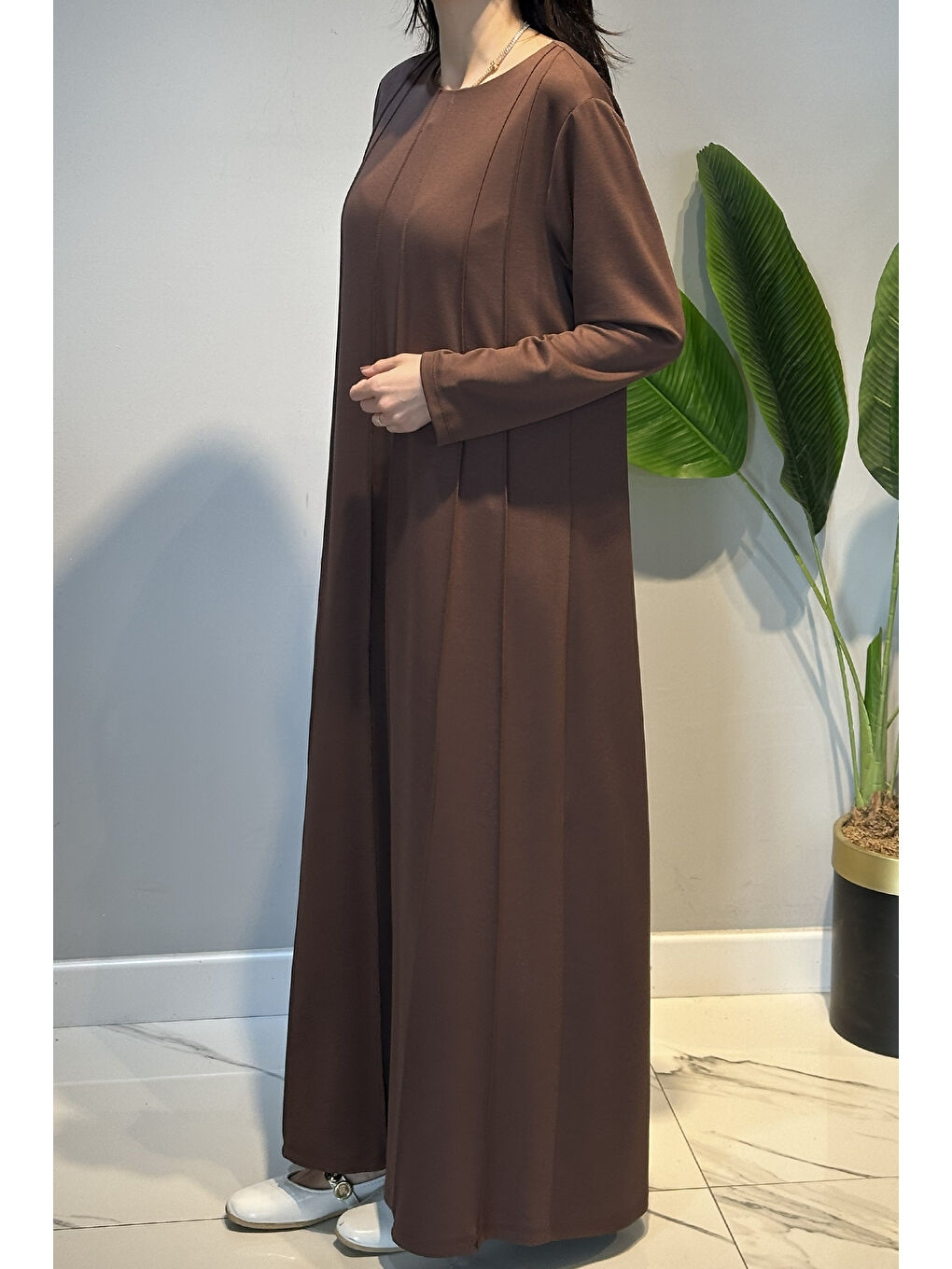 Penye Nervür Detaylı Elbise 13286 Kahverengi-2