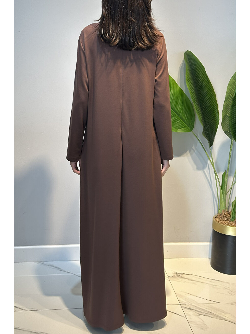 Penye Nervür Detaylı Elbise 13286 Kahverengi-3