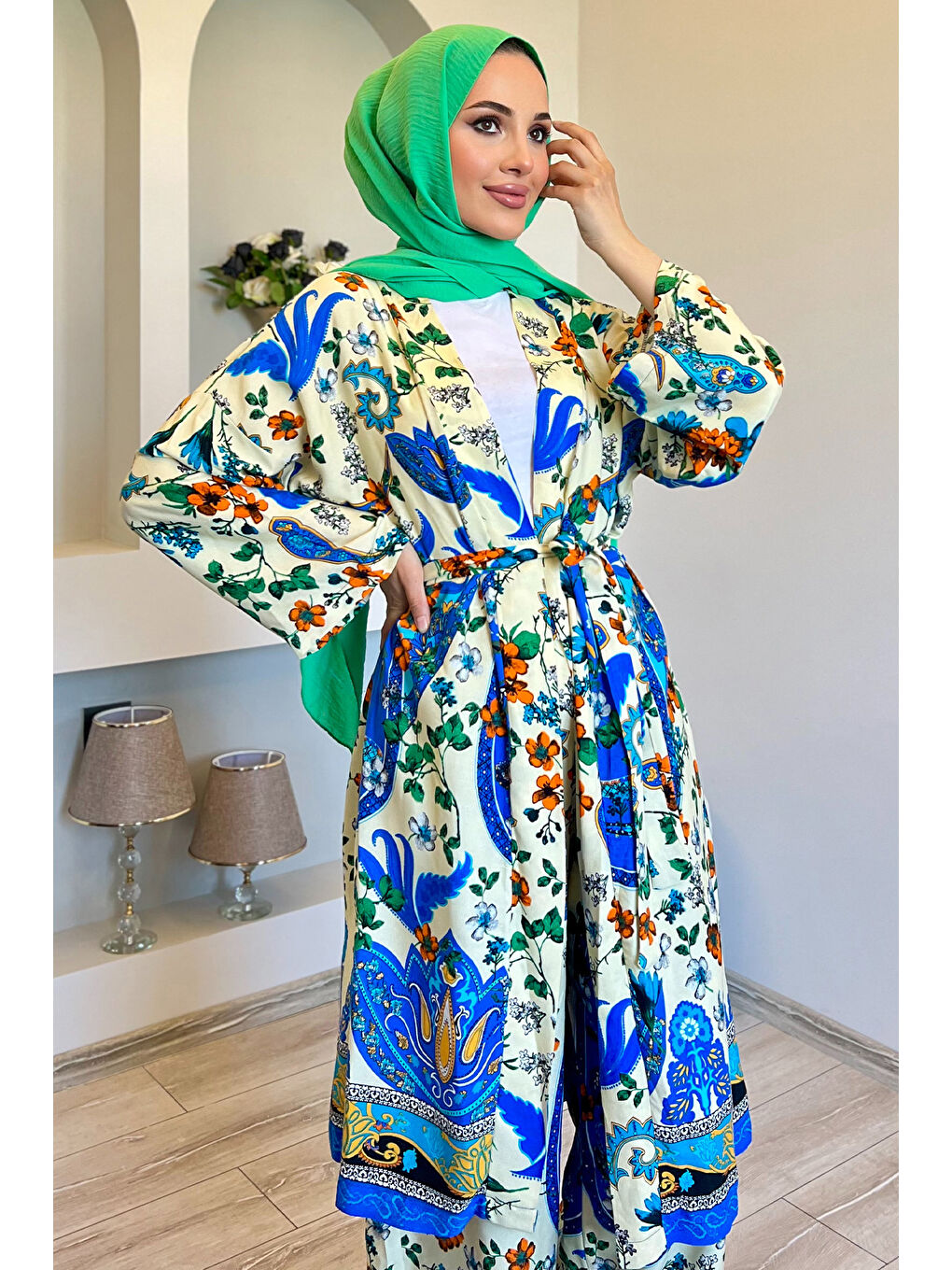 Julude Ekru Desenli Tesettür Viskon Kimono İkili Takım - 5