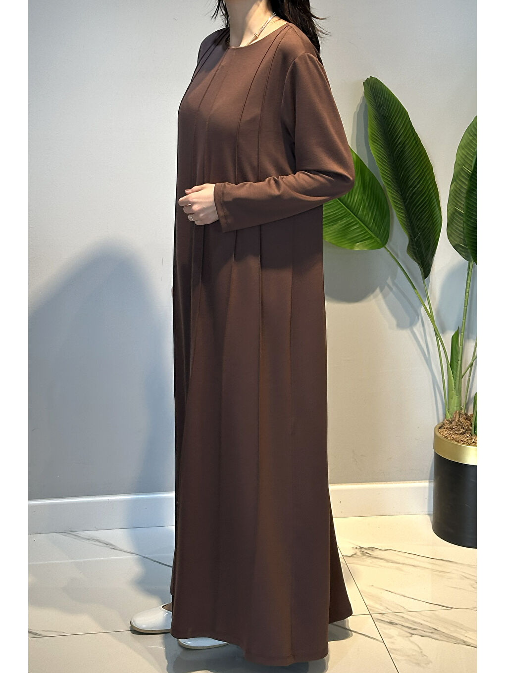 Penye Nervür Detaylı Elbise 13286 Kahverengi-4