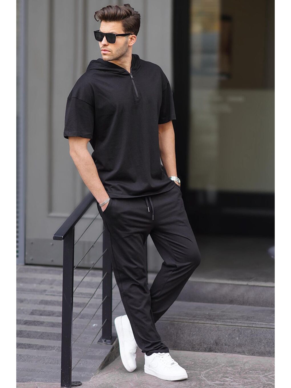 Siyah Erkek Over Fit Kapüşonlu %100 Pamuk Eşofman Takımı 5944-1