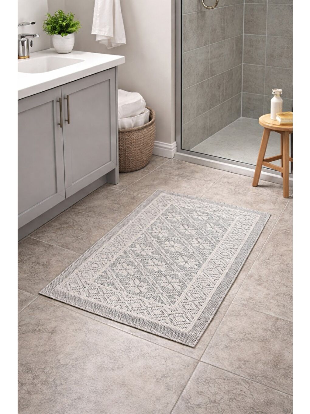 Bej Modern Dokuma Desenli Kaymaz Taban Banyo Paspası 50x80 cm