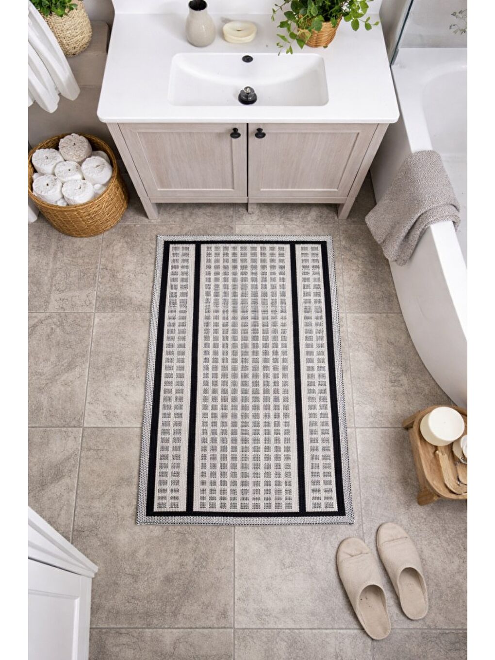 Gri Modern Dokuma Desenli Kaymaz Taban Banyo Paspası 50x80 cm-1