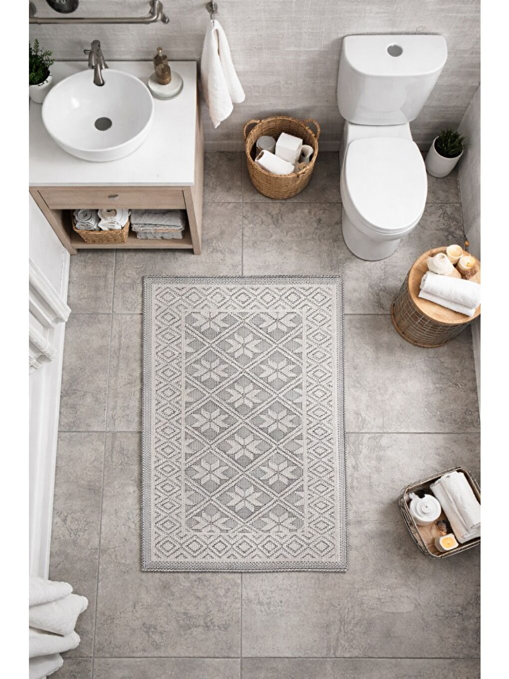 Bej Modern Dokuma Desenli Kaymaz Taban Banyo Paspası 50x80 cm-1