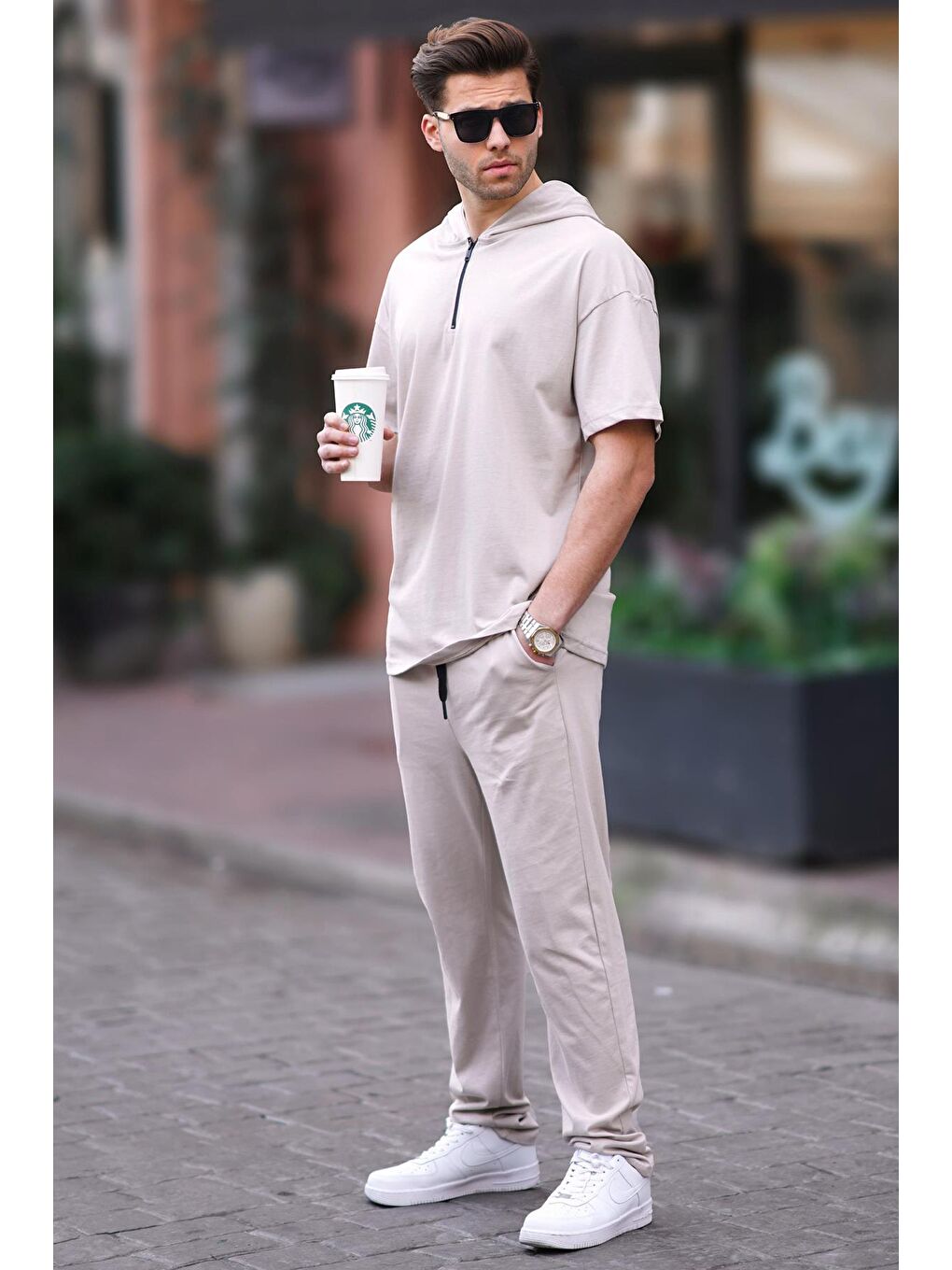 Bej Erkek Over Fit Kapüşonlu %100 Pamuk Eşofman Takımı 5944