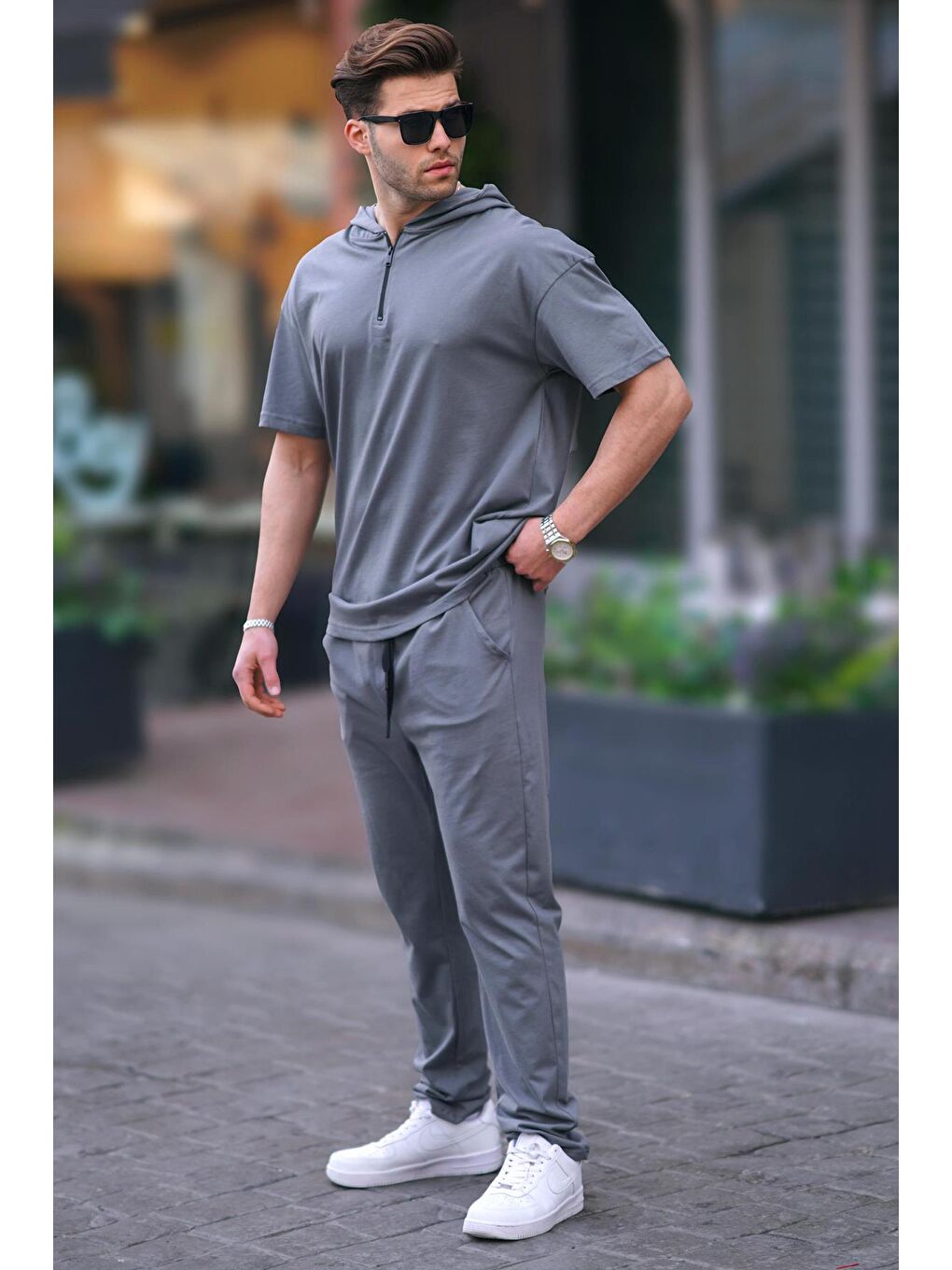 Gri Füme Erkek Over Fit Kapüşonlu %100 Pamuk Eşofman Takımı 5944