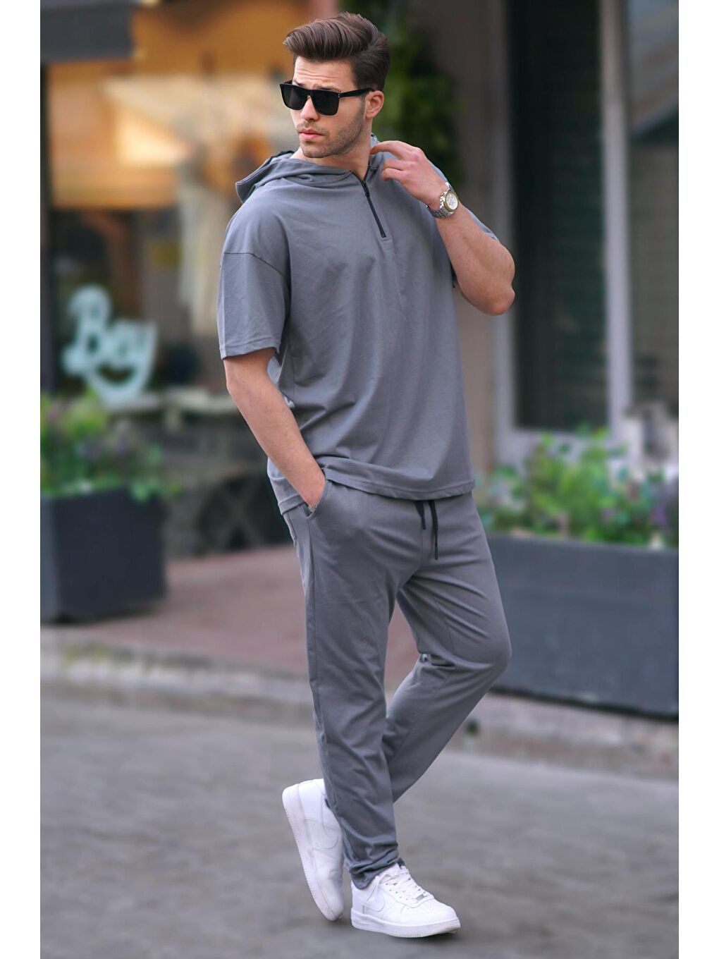 Gri Füme Erkek Over Fit Kapüşonlu %100 Pamuk Eşofman Takımı 5944-1
