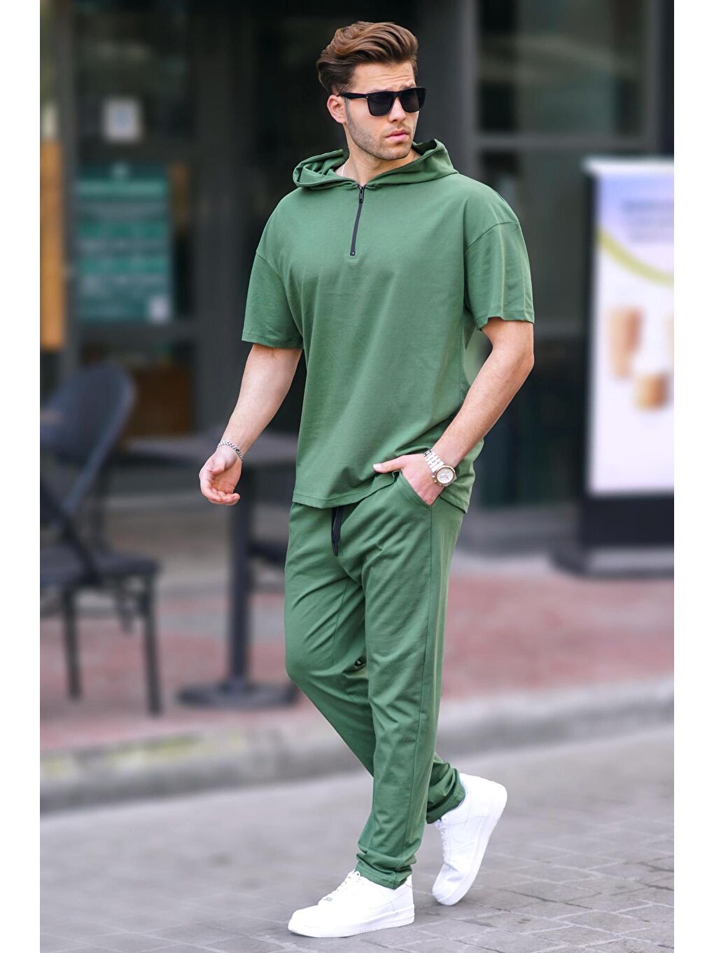 Haki Erkek Over Fit Kapüşonlu %100 Pamuk Eşofman Takımı 5944
