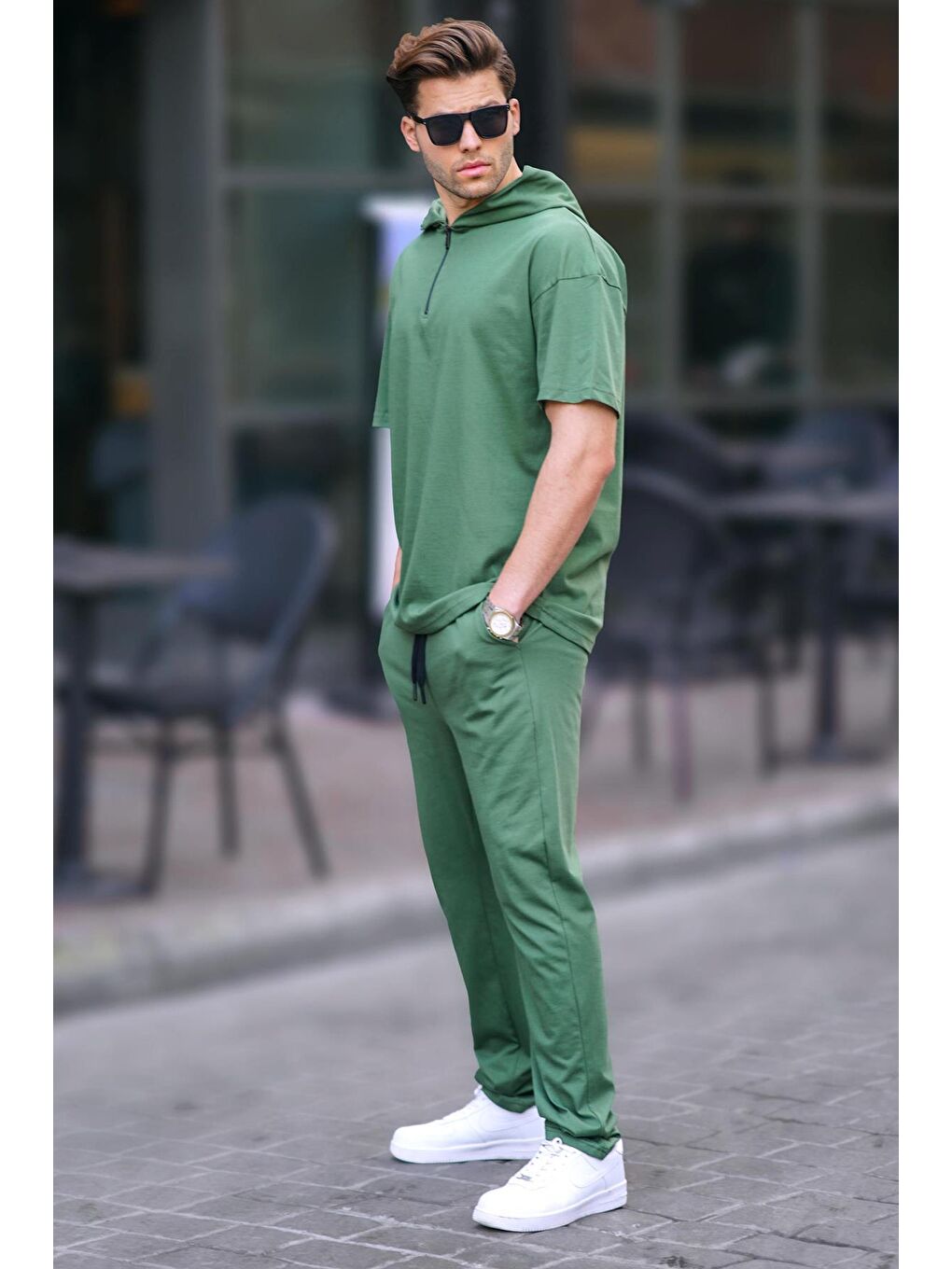 Haki Erkek Over Fit Kapüşonlu %100 Pamuk Eşofman Takımı 5944-1