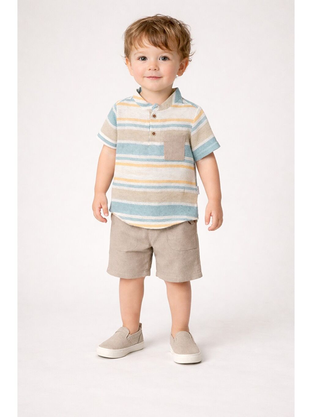 Ekru Tarz Gömlek Çizgi Desenli Belden Ayarlanabilir Kısa Kollu Şortlu 2'li Takım