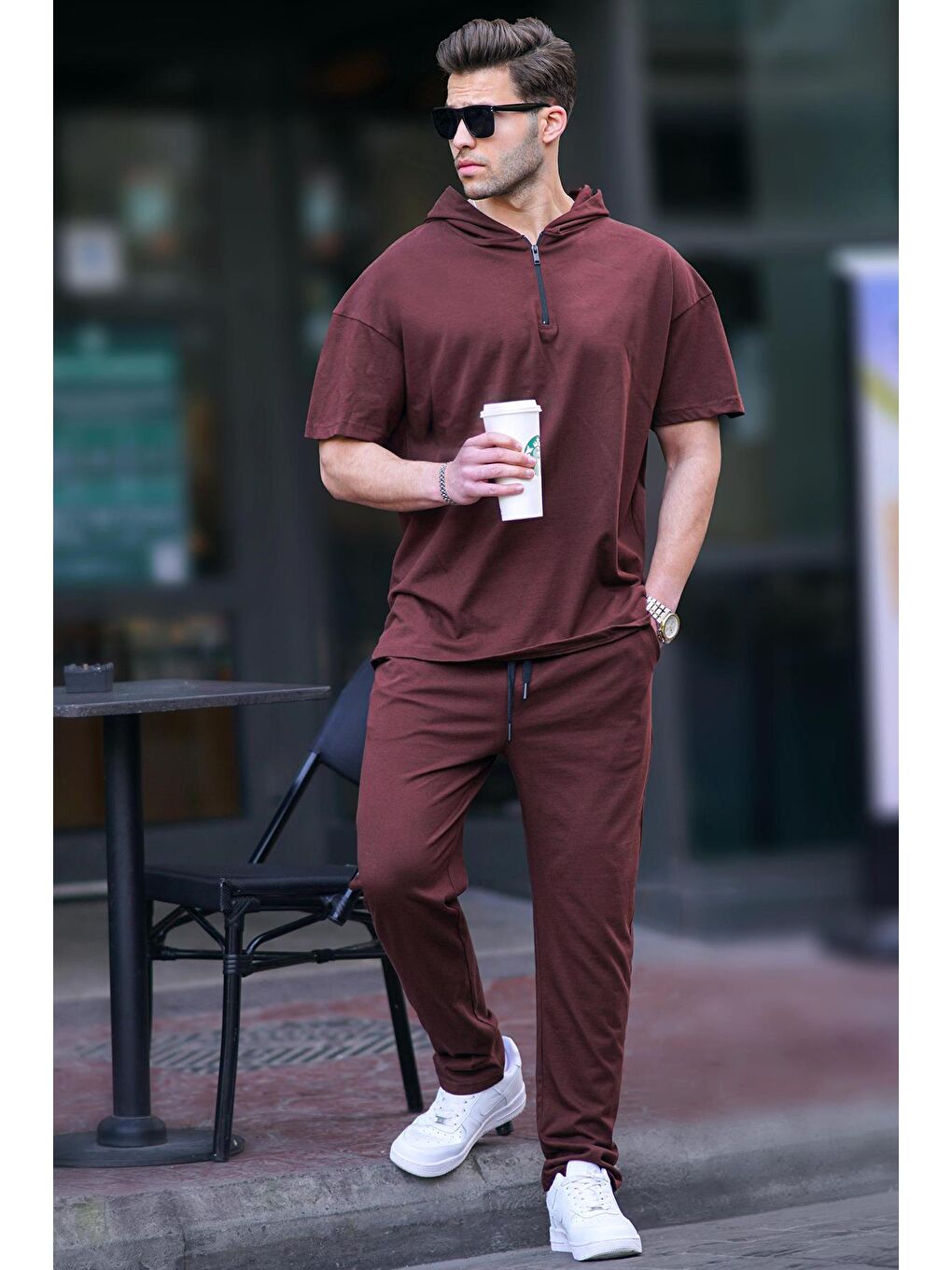 Kahverengi Erkek Over Fit Kapüşonlu %100 Pamuk Eşofman Takımı 5944
