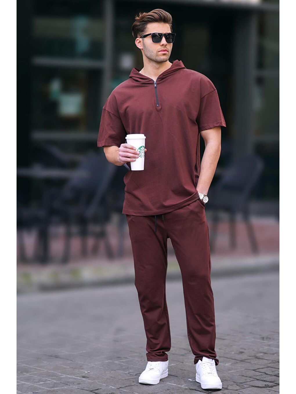 Kahverengi Erkek Over Fit Kapüşonlu %100 Pamuk Eşofman Takımı 5944-1