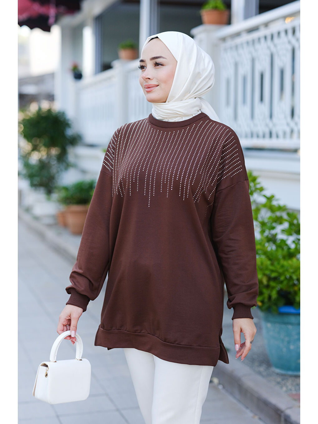 Locco Moda Taş Aksesuarlı Tunik Kahverengi - 3