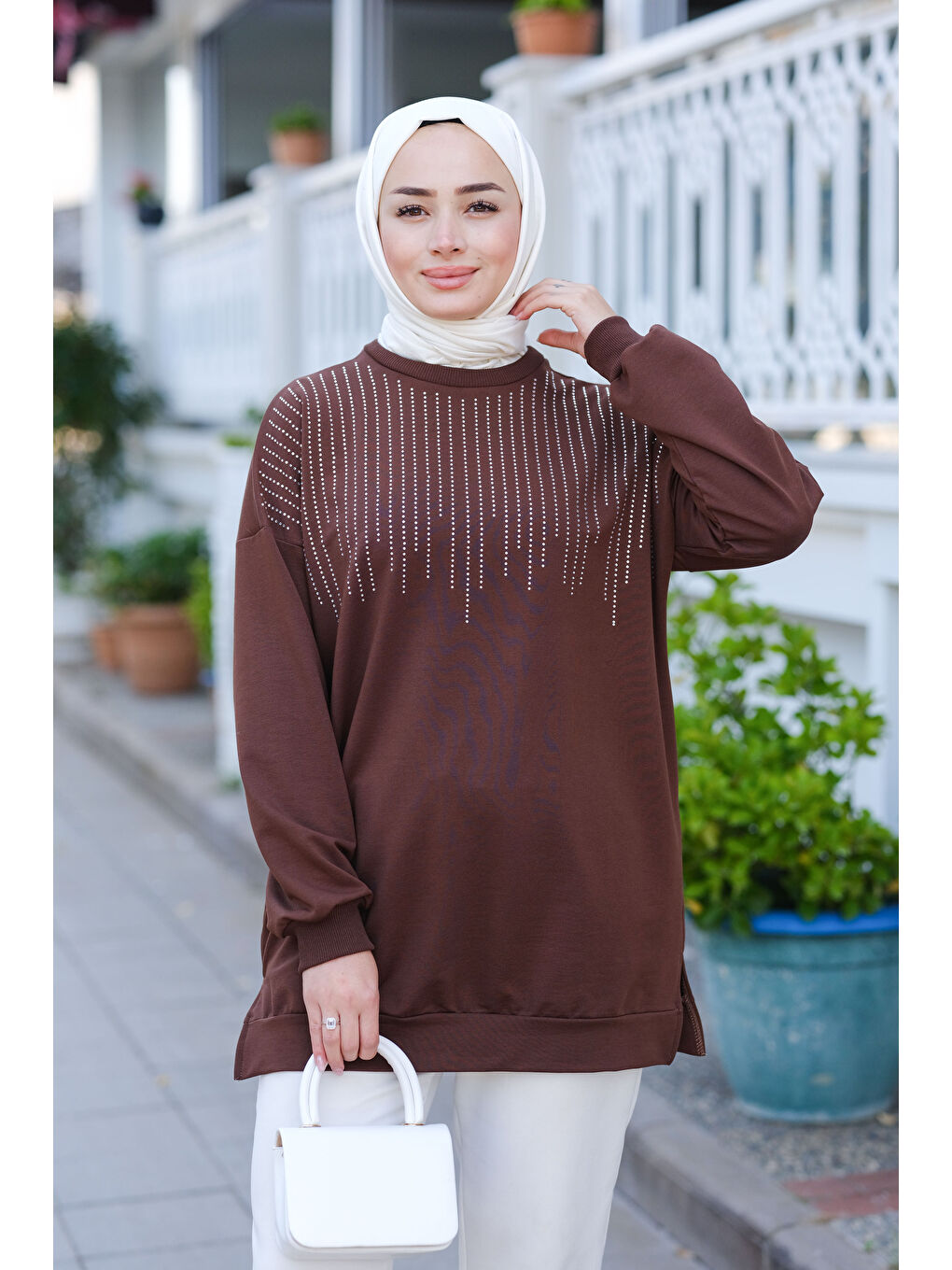 Locco Moda Taş Aksesuarlı Tunik Kahverengi - 4