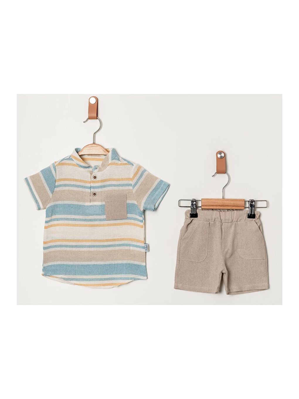 Ekru Tarz Gömlek Çizgi Desenli Belden Ayarlanabilir Kısa Kollu Şortlu 2'li Takım-1