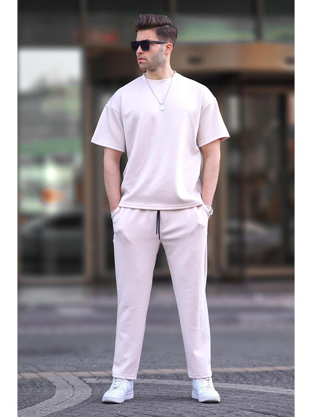 Ekru Oversize Kısa Kollu Eşofman Takımı 5954-1