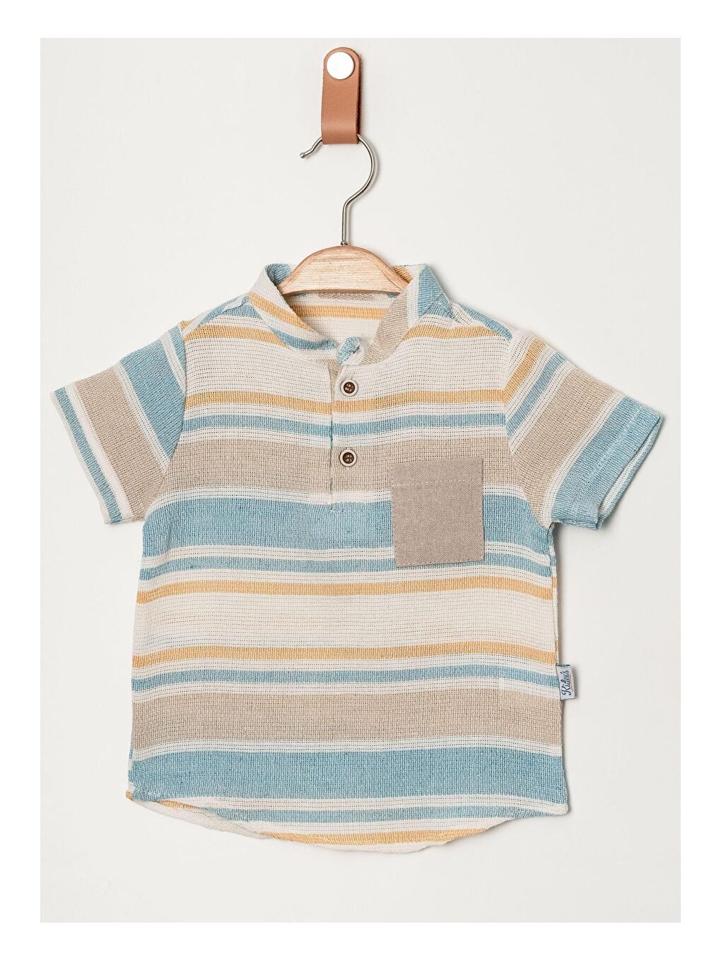 Ekru Tarz Gömlek Çizgi Desenli Belden Ayarlanabilir Kısa Kollu Şortlu 2'li Takım-2